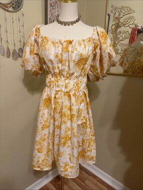 Abercrombie & Fitch Yellow Floral Puff-Sleeve Mini Dress XL Tall XLT
